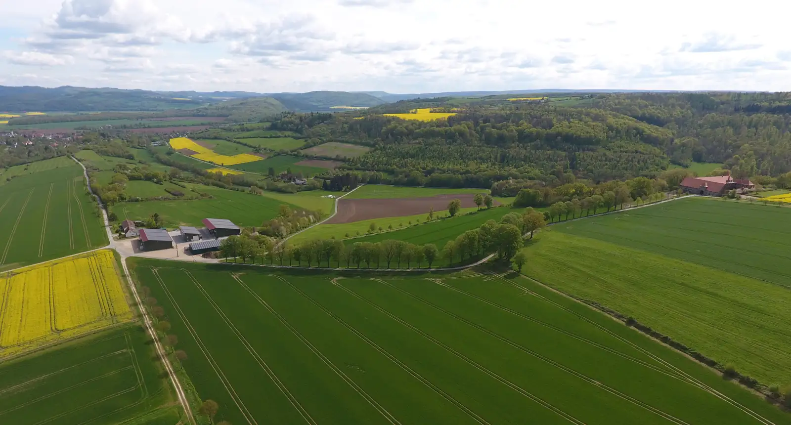 Luftaufnahme des Ritterguts Sonnenberg inmitten von Feldern